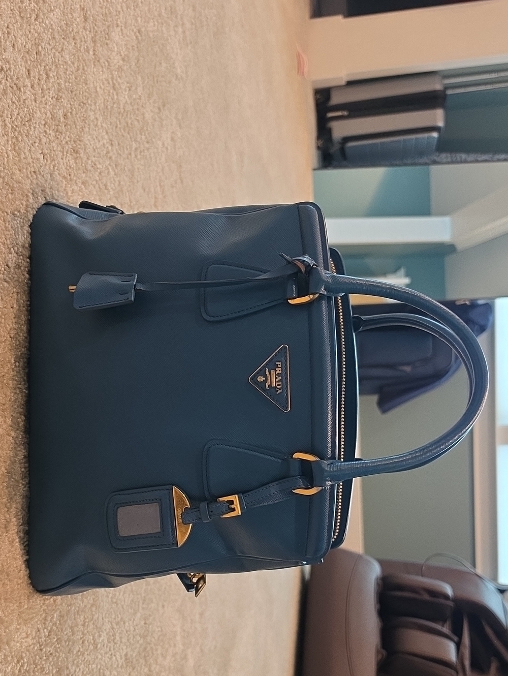 Prada Blue Saffiano Satchel with Gold Hardware